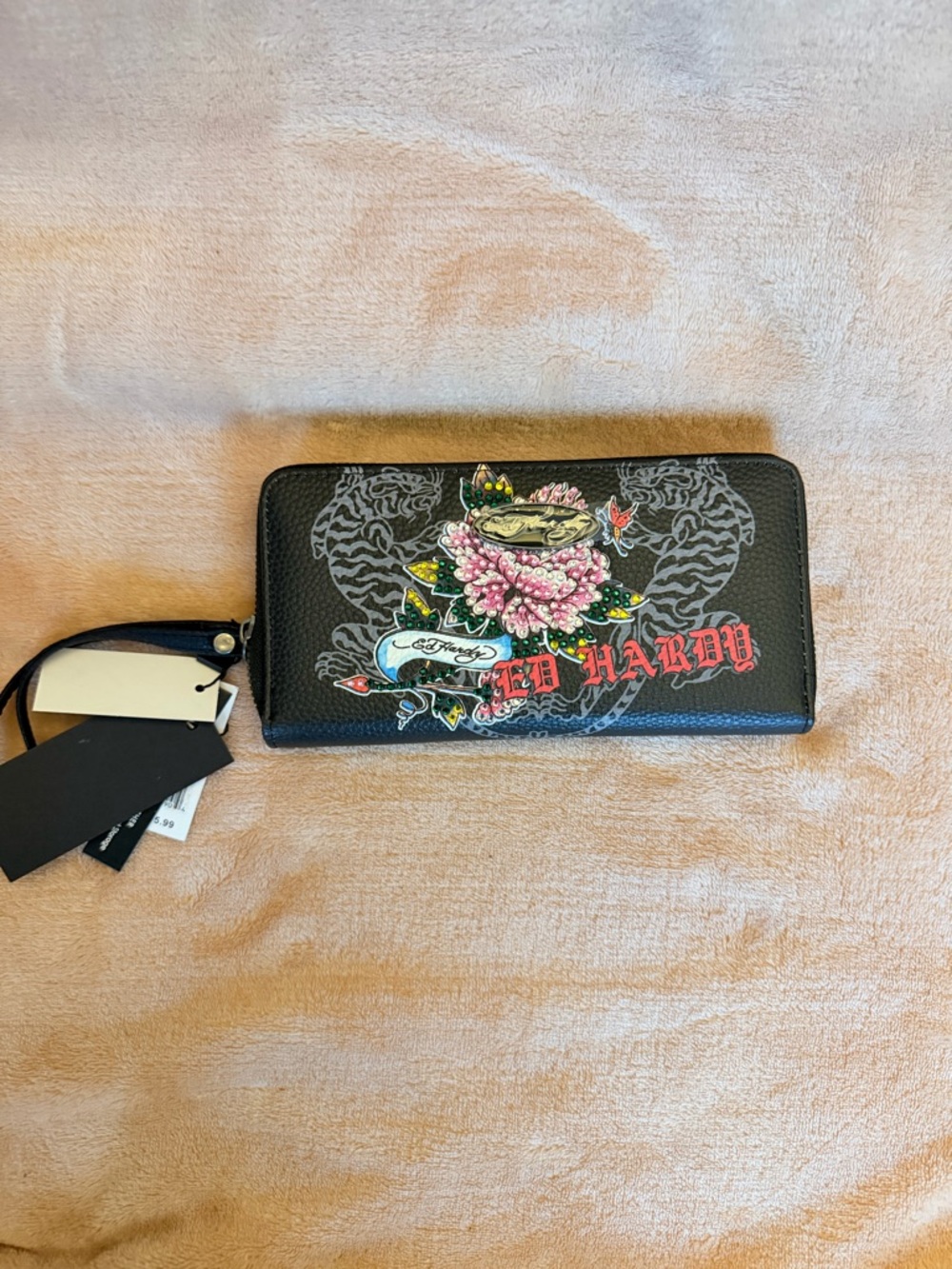 Ed Hardy Black Floral Skull Zip Wallet with Pink Accents